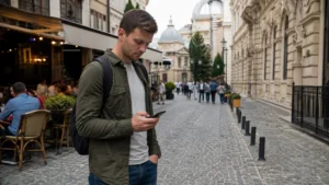 Traveller using a smartphone during best way to get internet in romania while travelling in Romania.