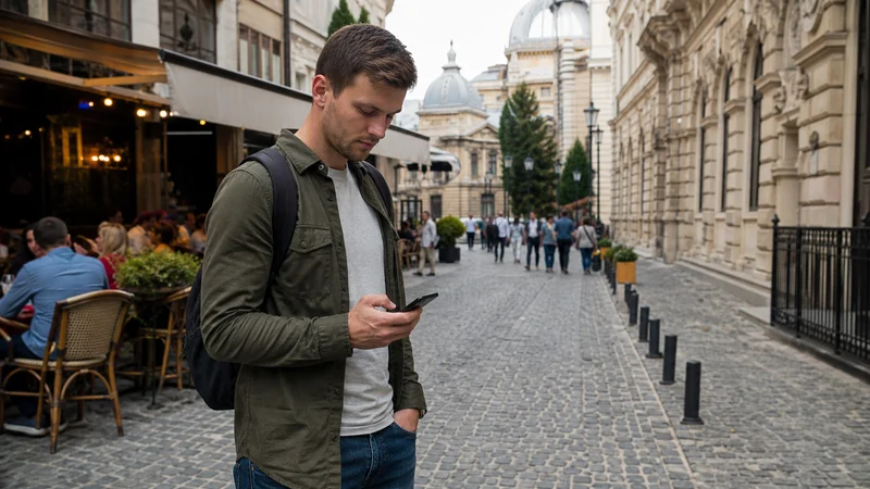 Traveller using a smartphone during best way to get internet in romania while travelling in Romania.