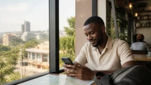 Traveller using a smartphone in a modern Kigali cafe