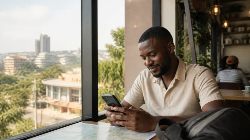 Traveller using a smartphone in a modern Kigali cafe