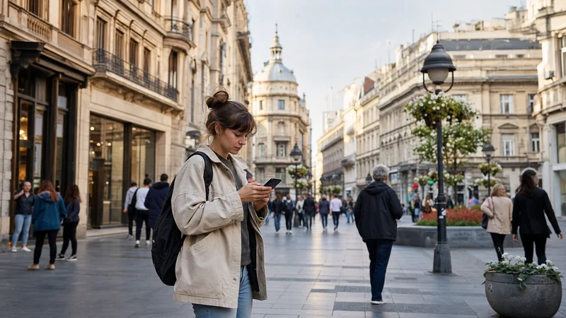 Traveller checking a smartphone on Knez Mihailova Street in Belgrade.