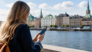 Traveller using a smartphone while preparing for the best ways to get internet in sweden while travelling