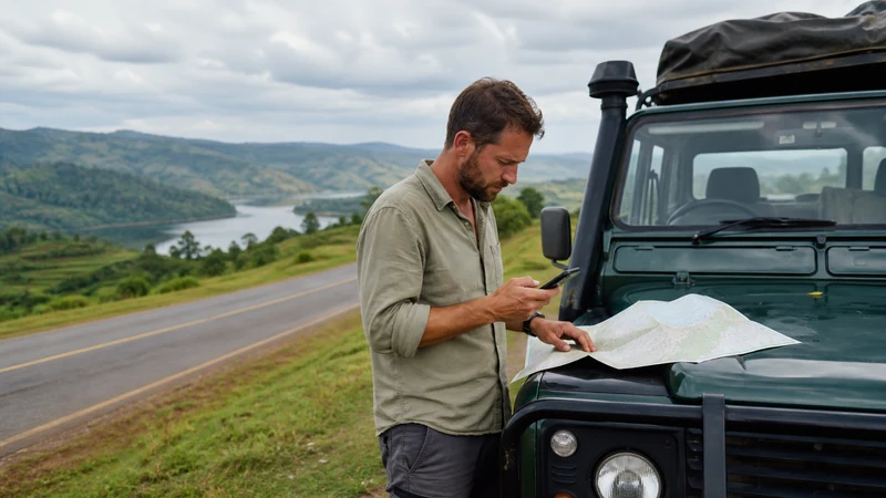 Traveller checking a phone beside a Uganda road map.