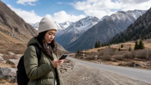 Traveller using a smartphone in Kyrgyzstan for bishkek ala archa mobile internet