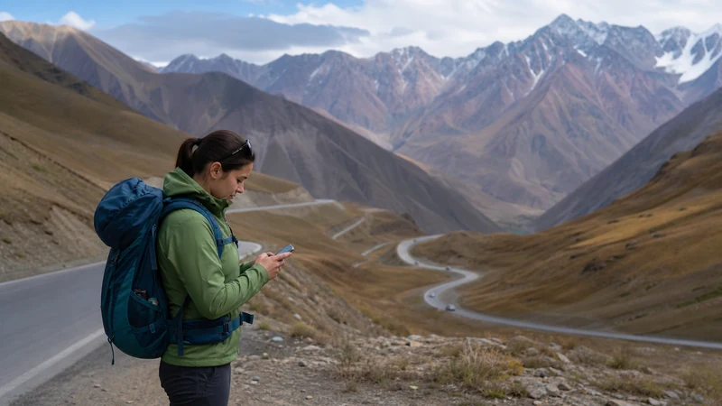 Traveller using a smartphone in Kyrgyzstan for bishkek osh mobile internet
