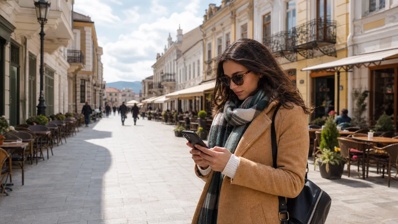 Traveller using a smartphone during mobile internet in bitola in North Macedonia.