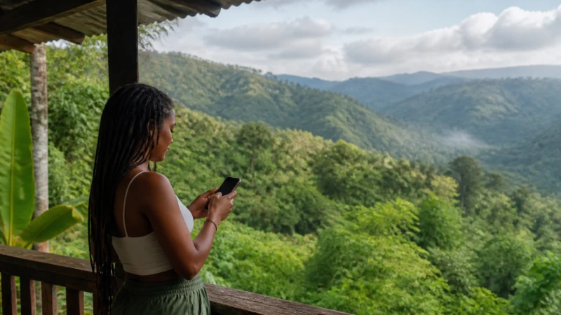 Traveller using a smartphone in Jamaica while preparing for mobile coverage in the Blue Mountains