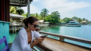 Traveller using a smartphone in Panama for bocas del toro mobile internet