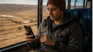 Traveller using a smartphone in Bolivia while researching backpacking bolivia: how to stay connected