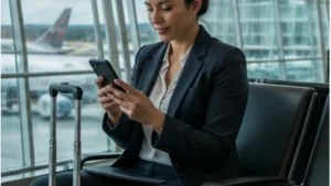 Traveller using a smartphone in Bolivia while researching reliable internet for business travel in bolivia