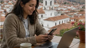 Traveller using a smartphone in Bolivia while researching bolivia internet guide for digital nomads