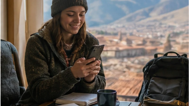 Traveller using a smartphone in Bolivia while researching emergency connectivity in bolivia: numbers and offline preparation
