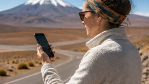 Traveller using a smartphone in Bolivia while researching bolivia esim coverage: what travellers should expect