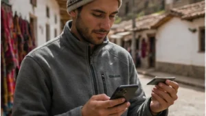 Traveller using a smartphone in Bolivia while researching how to use a bolivia esim with dual sim