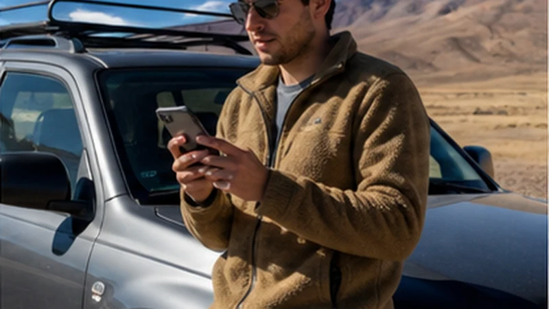 Traveller using a smartphone in Bolivia while researching using a bolivia esim with a rental car