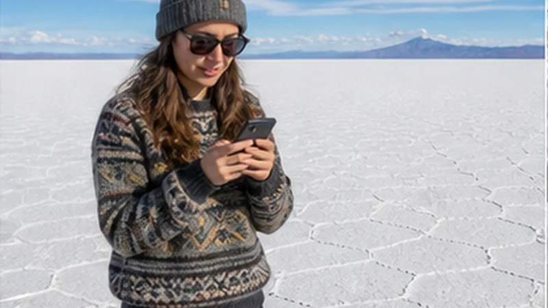 Traveller using a smartphone in Bolivia while researching using a bolivia esim for the uyuni salt flats