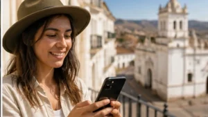 Traveller using a smartphone in Bolivia while researching how to use a bolivia esim on an iphone