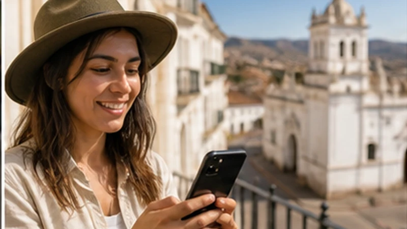 Traveller using a smartphone in Bolivia while researching how to use a bolivia esim on an iphone