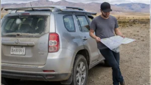 Traveller using a smartphone in Bolivia while researching offline maps and mobile data for a bolivia road trip
