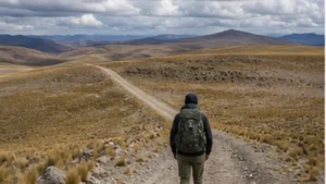 Traveller using a smartphone in Bolivia while researching mobile internet near the bolivia–peru border