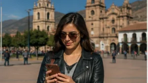 Traveller using a smartphone in Bolivia while researching mobile data for a short trip to bolivia