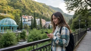 Traveller using a smartphone in the forested Borjomi valley