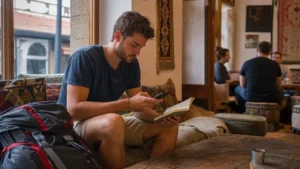 Traveller using a smartphone during budget travel in bosnia and herzegovina in Bosnia and Herzegovina.