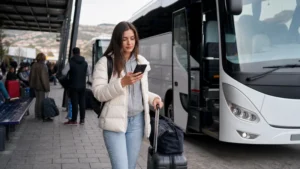 Traveller using a smartphone during bosnia and herzegovina intercity bus wifi and mobile data guide in Bosnia and Herzegovina.