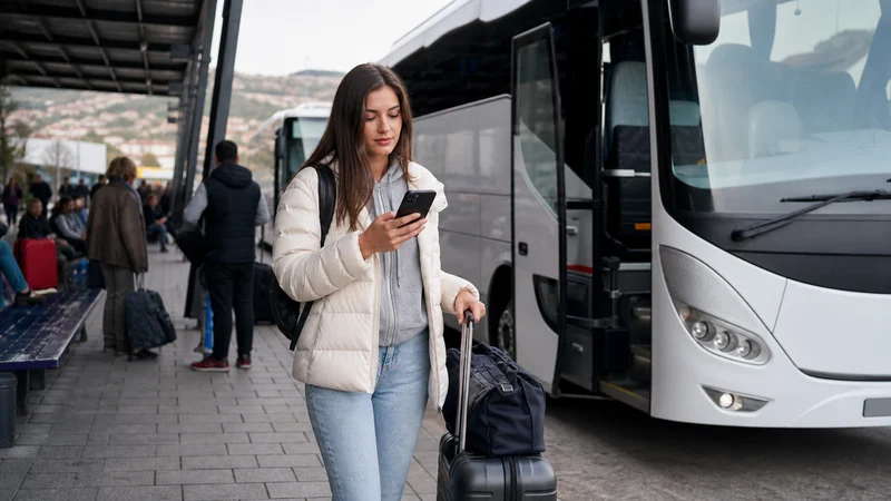 Traveller using a smartphone during bosnia and herzegovina intercity bus wifi and mobile data guide in Bosnia and Herzegovina.