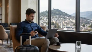Traveller using a smartphone during bosnia and herzegovina business travel internet and esim guide in Bosnia and Herzegovina.