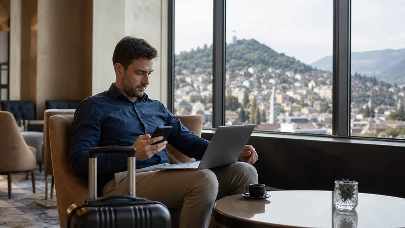 Traveller using a smartphone during bosnia and herzegovina business travel internet and esim guide in Bosnia and Herzegovina.