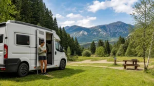 Traveller using a smartphone during campervan internet in bosnia and herzegovina in Bosnia and Herzegovina.