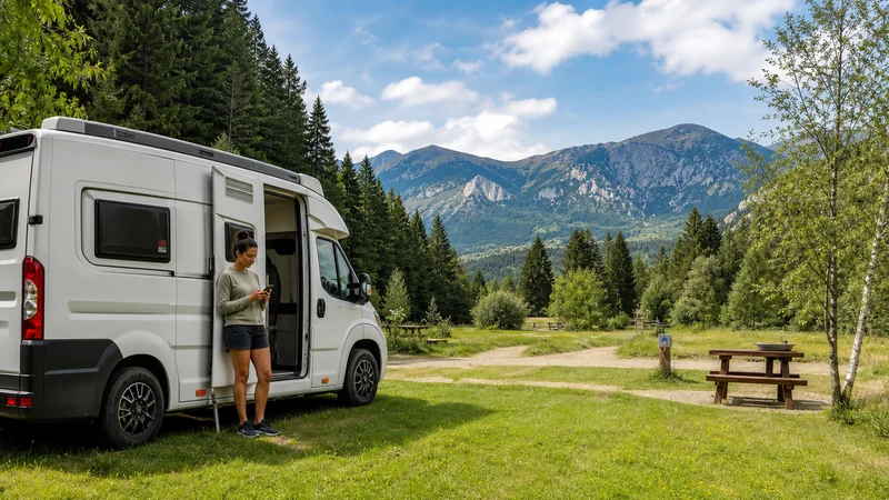 Traveller using a smartphone during campervan internet in bosnia and herzegovina in Bosnia and Herzegovina.