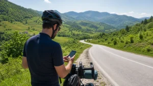 Traveller using a smartphone during cycling in bosnia and herzegovina in Bosnia and Herzegovina.