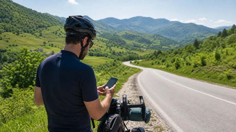 Traveller using a smartphone during cycling in bosnia and herzegovina in Bosnia and Herzegovina.