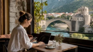 Traveller using a smartphone during bosnia and herzegovina internet for digital nomads in Bosnia and Herzegovina.