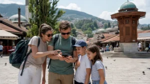 Traveller using a smartphone during bosnia and herzegovina family travel internet and esim guide in Bosnia and Herzegovina.