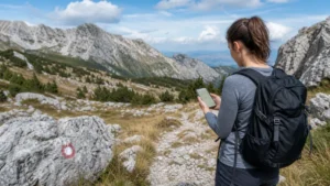Traveller using a smartphone during hiking in bosnia and herzegovina in Bosnia and Herzegovina.