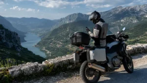 Traveller using a smartphone during bosnia and herzegovina motorcycle trip in Bosnia and Herzegovina.