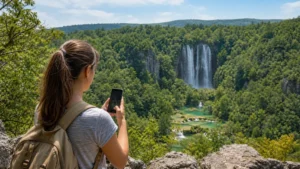 Traveller using a smartphone during mobile internet in bosnia and herzegovina national parks in Bosnia and Herzegovina.