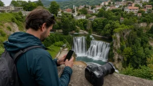 Traveller using a smartphone during bosnia and herzegovina photography trip in Bosnia and Herzegovina.