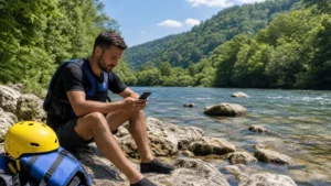 Traveller using a smartphone during rafting in bosnia and herzegovina in Bosnia and Herzegovina.