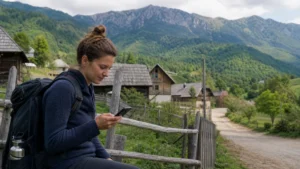 Traveller using a smartphone during mobile internet in remote bosnia and herzegovina villages in Bosnia and Herzegovina.