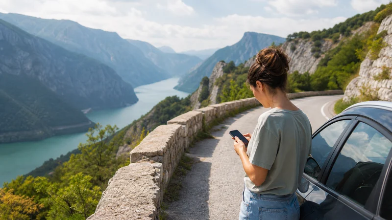 Traveller using a smartphone during bosnia and herzegovina road trip mobile internet and esim guide in Bosnia and Herzegovina.
