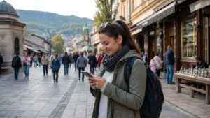 Traveller using a smartphone during solo travel in bosnia and herzegovina in Bosnia and Herzegovina.