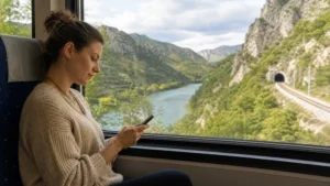 Traveller using a smartphone during bosnia and herzegovina train wifi and mobile data in Bosnia and Herzegovina.