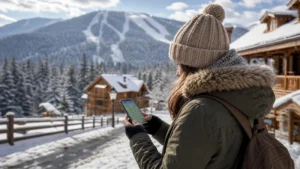 Traveller using a smartphone during bosnia and herzegovina winter travel in Bosnia and Herzegovina.