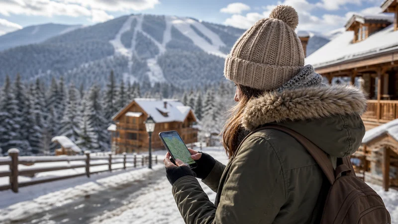Traveller using a smartphone during bosnia and herzegovina winter travel in Bosnia and Herzegovina.