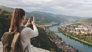Traveller using a smartphone during mobile internet in bosnian krajina in Bosnia and Herzegovina.