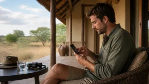 Traveller configuring an Android phone in Botswana.